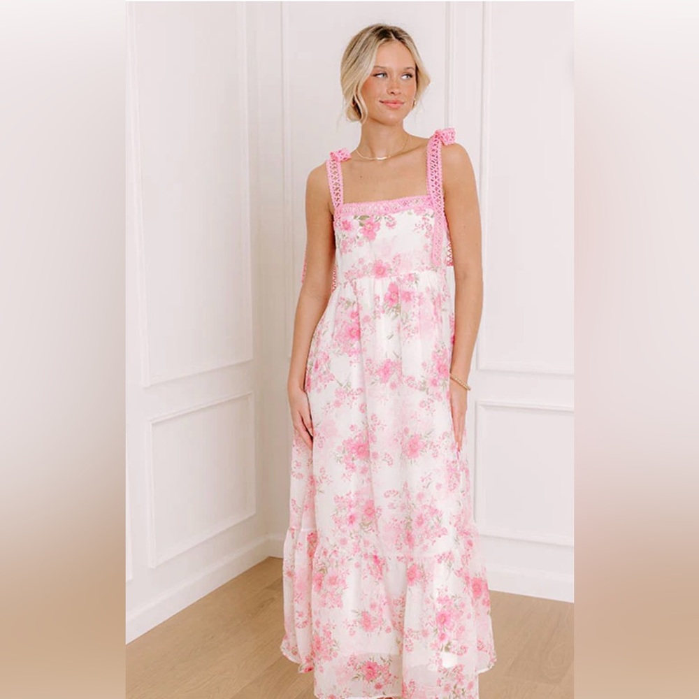 By the River Pink Floral Maxi Dress with Crochet Straps